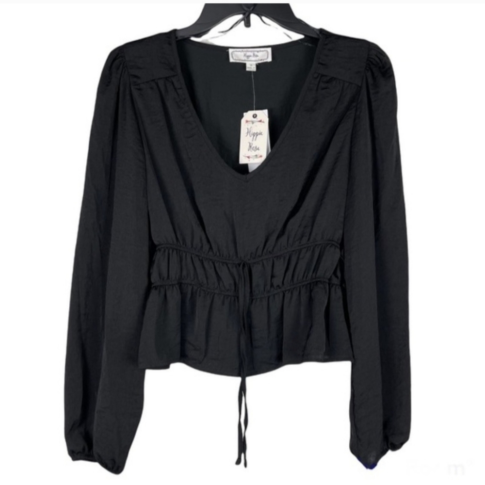 Black Hippie Rose waist-defined smocked tie-front blouse, silky Fabric NWT